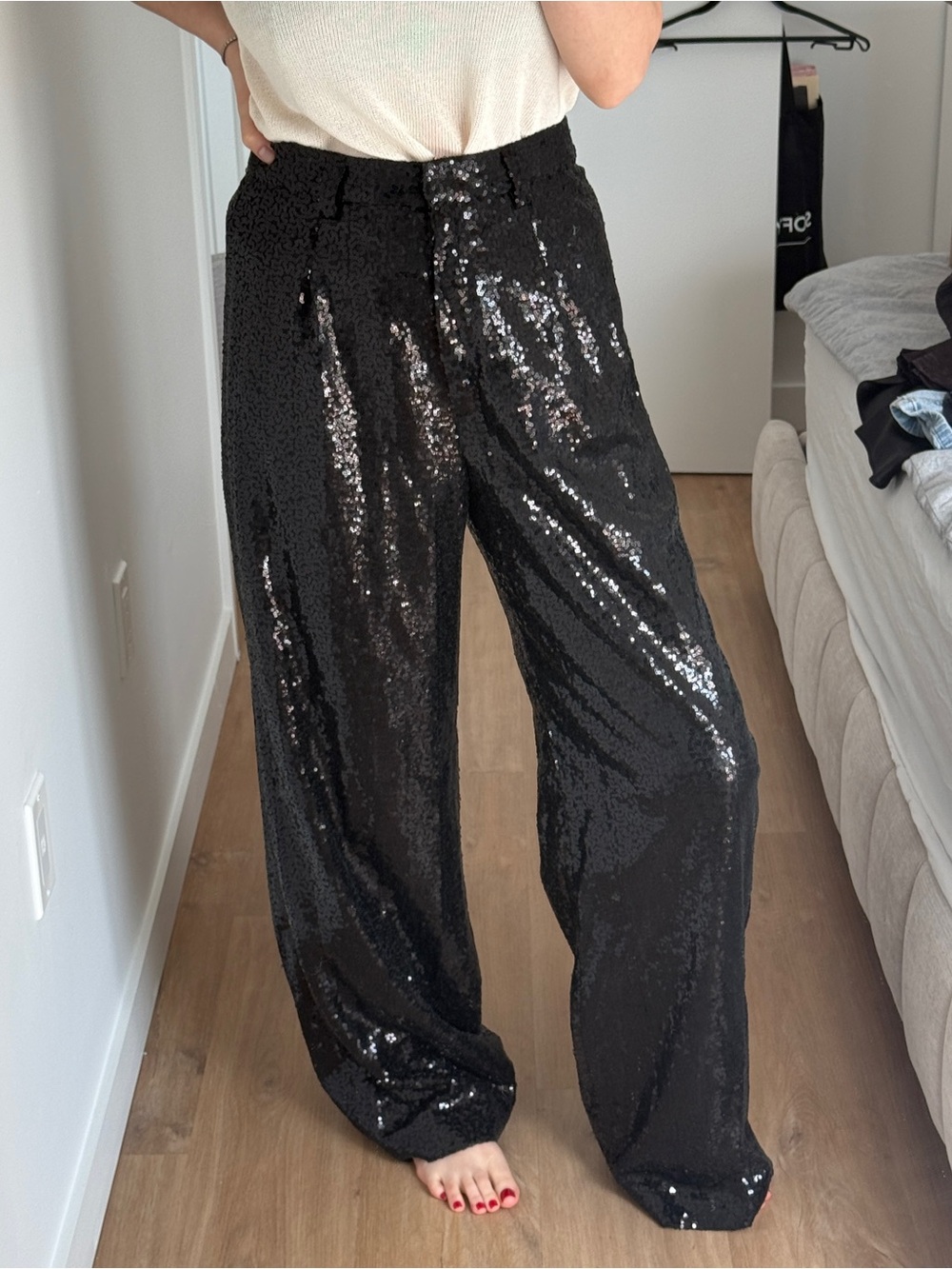 Black Sequin Wide-Leg Trousers